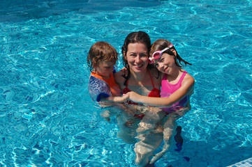 Mother with two kids in the pool