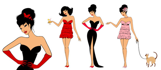 Beautiful pin-up girl with cat in retro style.