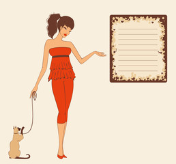 Beautiful pin-up girl in retro style with cat