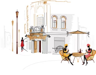 Tissu par mètre Café de rue dessiné Café de la ville avec des gens