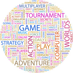 Word cloud concept illustration of game association terms.