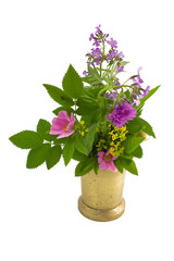 Old mortar and bouquet of herb on a white background close-up
