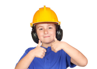 Beautiful child with yellow helmet saying OK