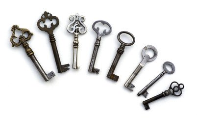 8 eight old antique skeleton keys isolated