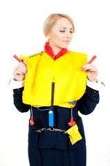 stewardess in a life jacket