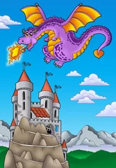 Papier Peint photo Lavable Chateau Dragon volant avec château sur la colline