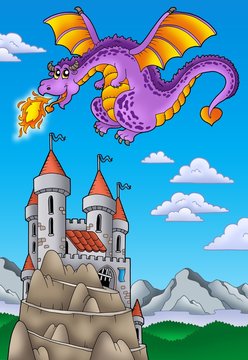 Flying dragon with castle on hill