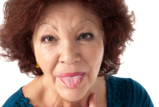 Senior woman razz cheerful isolated on white background
