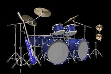 Obraz na płótnie Canvas drum kit guitar and trumpet isolated on a black background