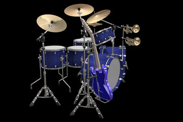Fototapeta na wymiar drum kit guitar and trumpet isolated on a black background