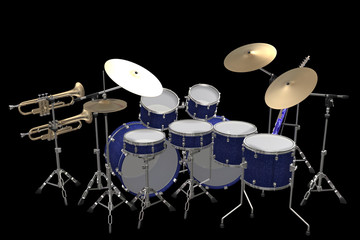 drum kit guitar and trumpet isolated on a black background