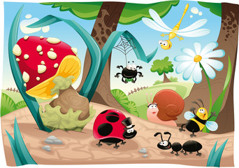 Insects family on the ground. Funny cartoon and vector scene.