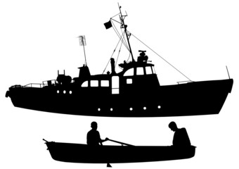 Silhouettes of a steamship and boat with people
