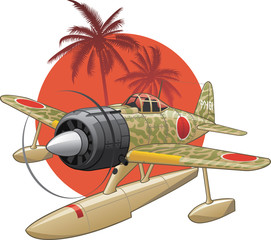 Japanese WW2 seaplane on the rising sun background