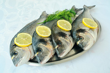 Fresh fishes with slices of lemon