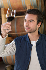 Viticulteur avec verre de vin rouge