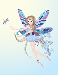 Little flying fairy playing with dragonfly vector illustration