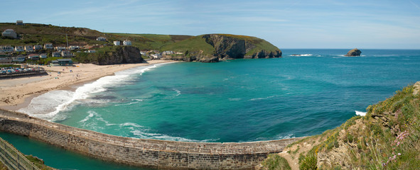 Panorama of Portreath beach and pier.