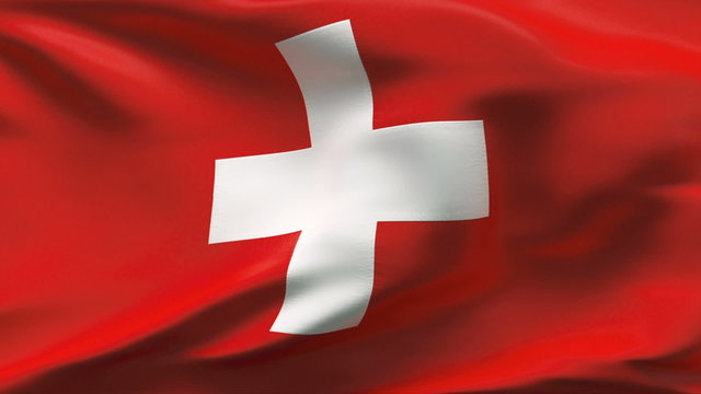 Creased Swiss satin flag in wind with seams and wrinkle