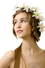 beautyful woman flower dream on white background
