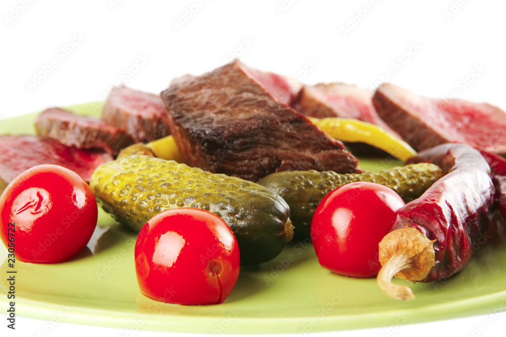 Wall mural red beef slices on green dish