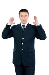 steward showing the exit