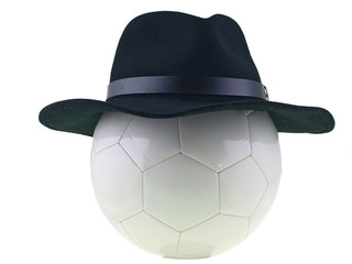 soccer ball with black fedora hat isolated on white background