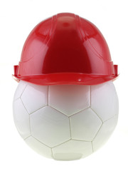 football with red safety helmet isolated on white background