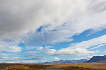 View from Borgarvirki, ancient fortress of basalt strata between