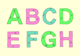 colorful bright ABCDEFGH vector letters in hand drawn style