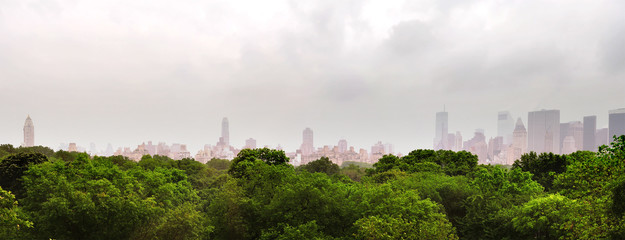 New York skyscrapers rise behind the lush green of central park