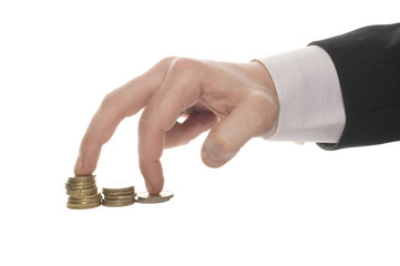 Hand and money staircase, isolated on white background