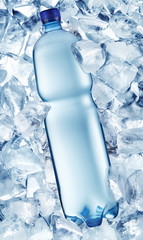 Bottle of water in ice cubes