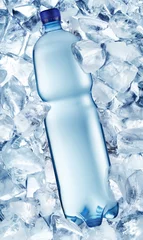 Abwaschbare Fototapete Im Eis Wasserflasche in Eiswürfeln