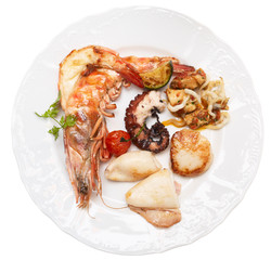 Grilled seafood on a plate, isolated