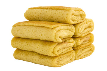 Stuffed pancakes on white background