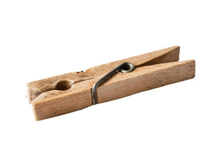 Close up of wooden clothes pins isolated on white background