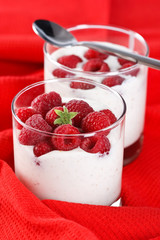 Glass of delicious yogurt musli with raspberries