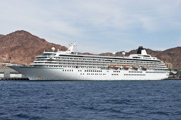 Giant cruise ships moored at a dock.