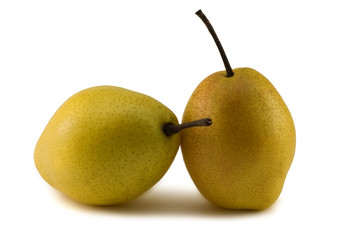 Two yellow pears on a white background