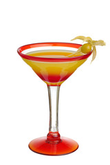 Tequila sunrise with physalis in a red-rimmed cocktail glass