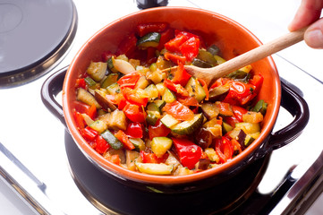 cooking ratatouille on bowl- ratatouille cotta in ciotola