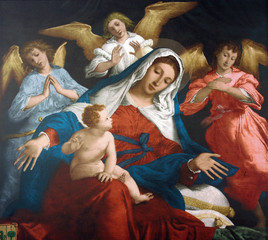 Obrazy na Szkle  Najświętsza Maryja Panna z Dzieciątkiem Jezus i aniołami