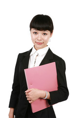 Happy businesswoman with clipboard, isolated on white