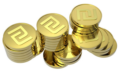 Stacks of gold coins isolated on a white background.