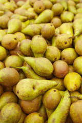 Stock of fresh green pears in market stall