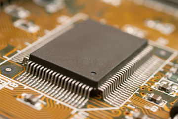 Closeup of computer motherboard with micro processor