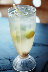 close up of iced lime water on the table