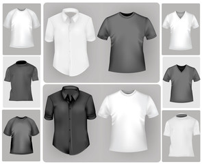 Black and white sporty polo shirts and t-shirts. Vector.