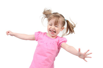 Little girl jumping on isolated white background
